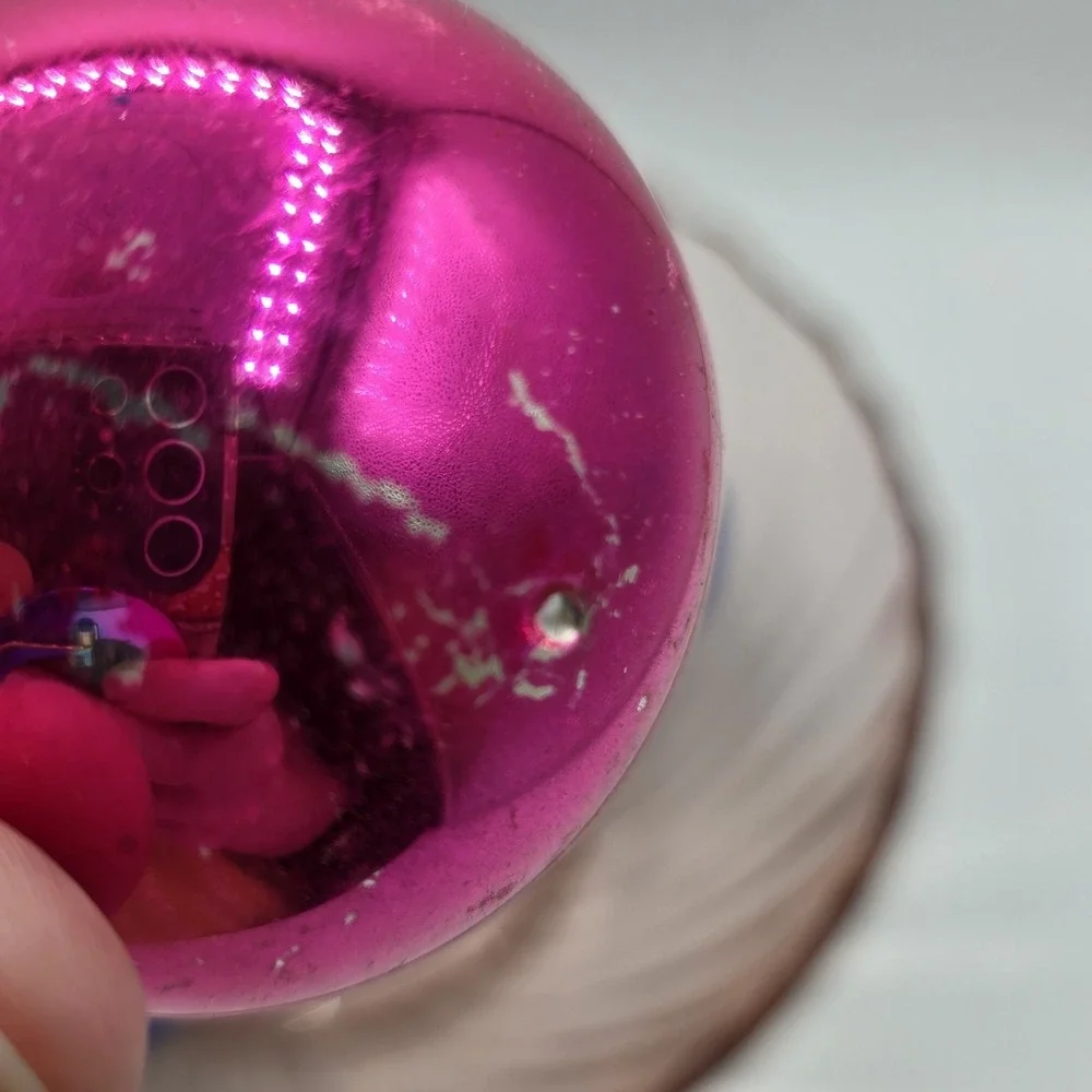 6 Vintage Poland Blue Pink Glass Christmas Holiday Ornaments Lot Set‎
